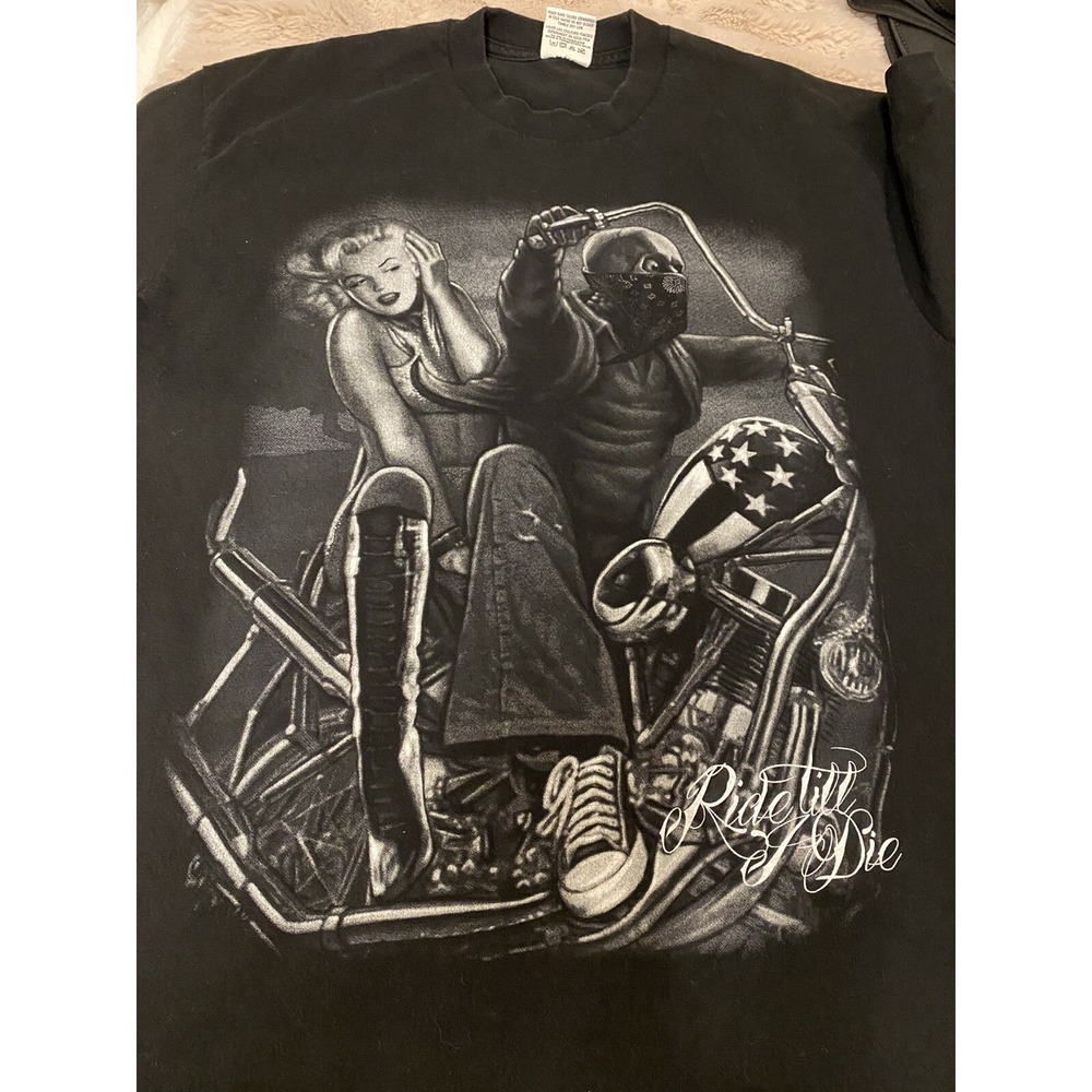 "Ride Till I Die " Skeleton & Girl On Bike. Black Shirt. XL. Street Certified.